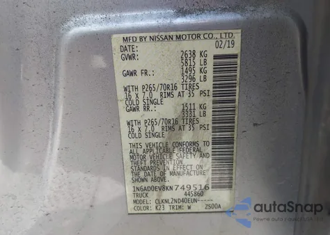 2019 Nissan Frontier Sv z USA, uszkodzony, nr VIN 1N6AD0EV8KN749516